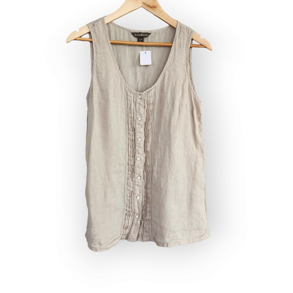 Tommy Bahama Tan Linen Sleeveless Button Down M